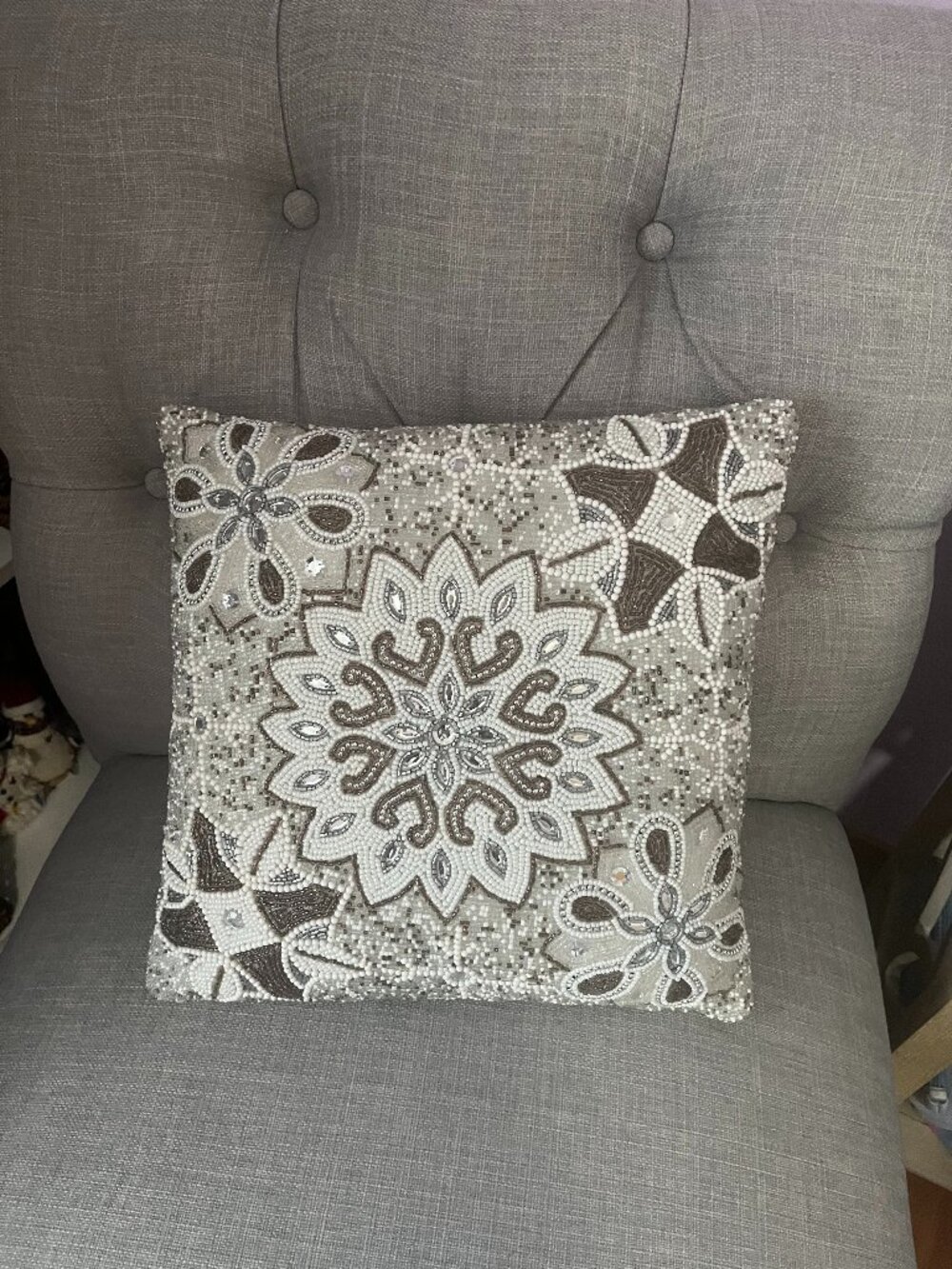 Pier 1 -Silver/White Beaded Snowflake Accent Pillow